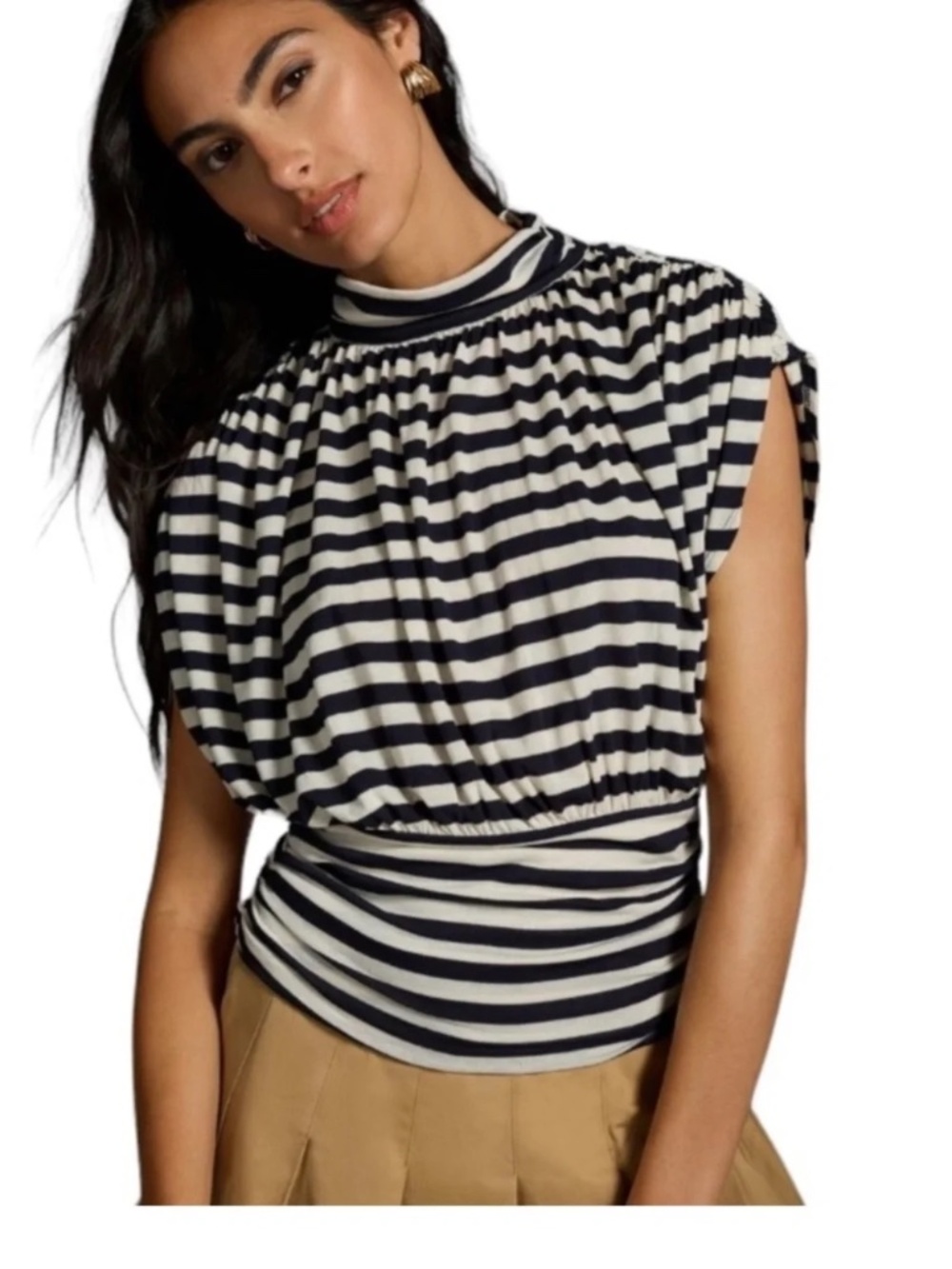 Maeve Navy and White Striped Mock Neck Top - Picture 12 of 13